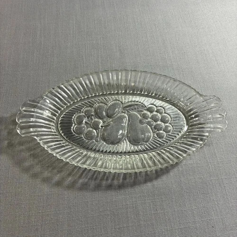 Vintage Clear Pressed Glass Relish Tray Fruit Pattern Oval Serving Dish 9.5 Inch
